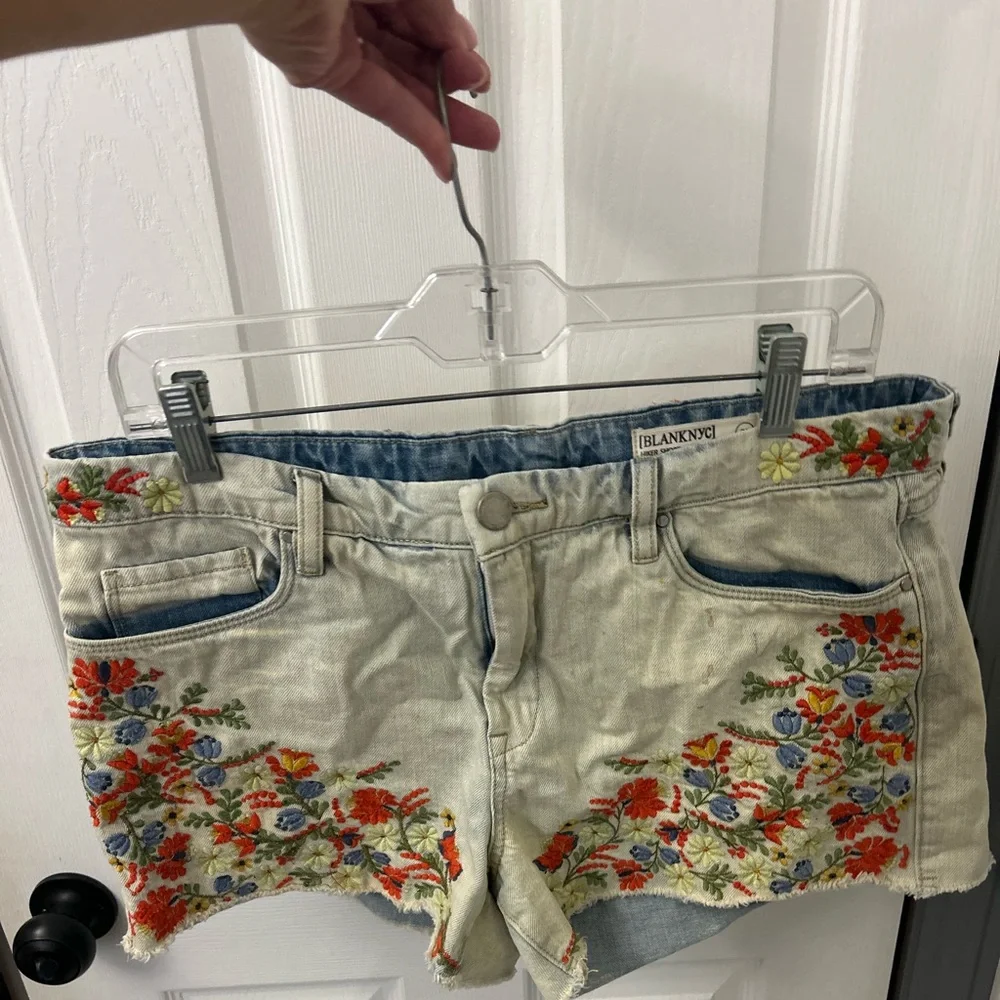Blank NYC Light Wash Denim Jean Shorts with Multicolor Floral Embroidery